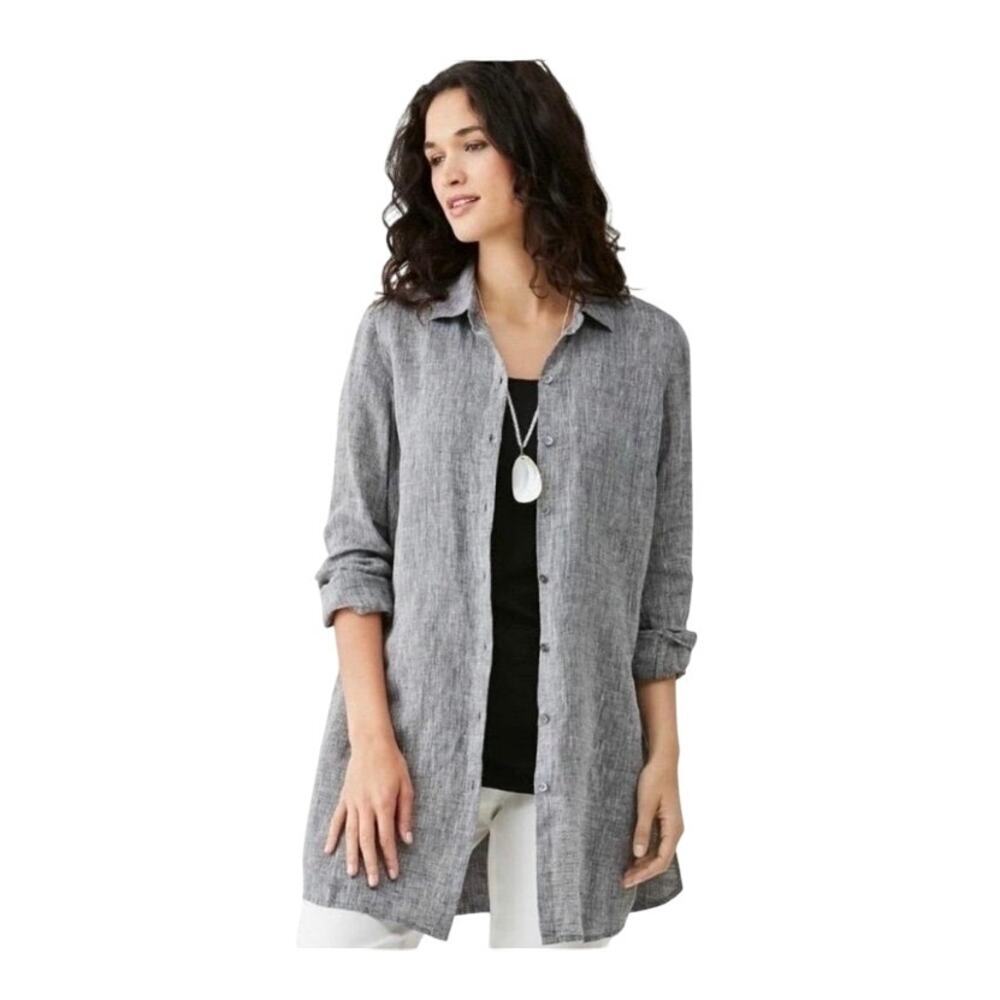 J. Jill Love Linen Gray Button Down Blouse Sz L Petite NWOT